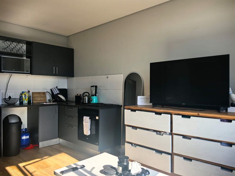 Compact open-plan living area featuring a functional kitchenette with dark cabinetry, integrated oven, hob, and tiled backsplash, seamlessly connected to the living space.