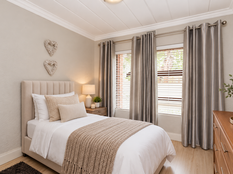 A well-maintained bedroom featuring neutral wall tones, crown molding, laminate flooring, and window treatments including venetian blinds and curtains.