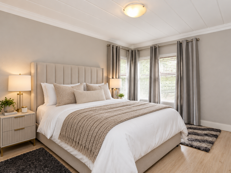 A well-maintained bedroom featuring light-toned plank flooring, crown molding, and large windows with integrated blinds, creating a bright and comfortable living space.