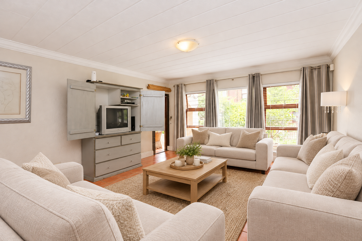 A bright and comfortable living room featuring tiled flooring, a panelled ceiling with crown moulding, and large windows that provide ample natural light.
