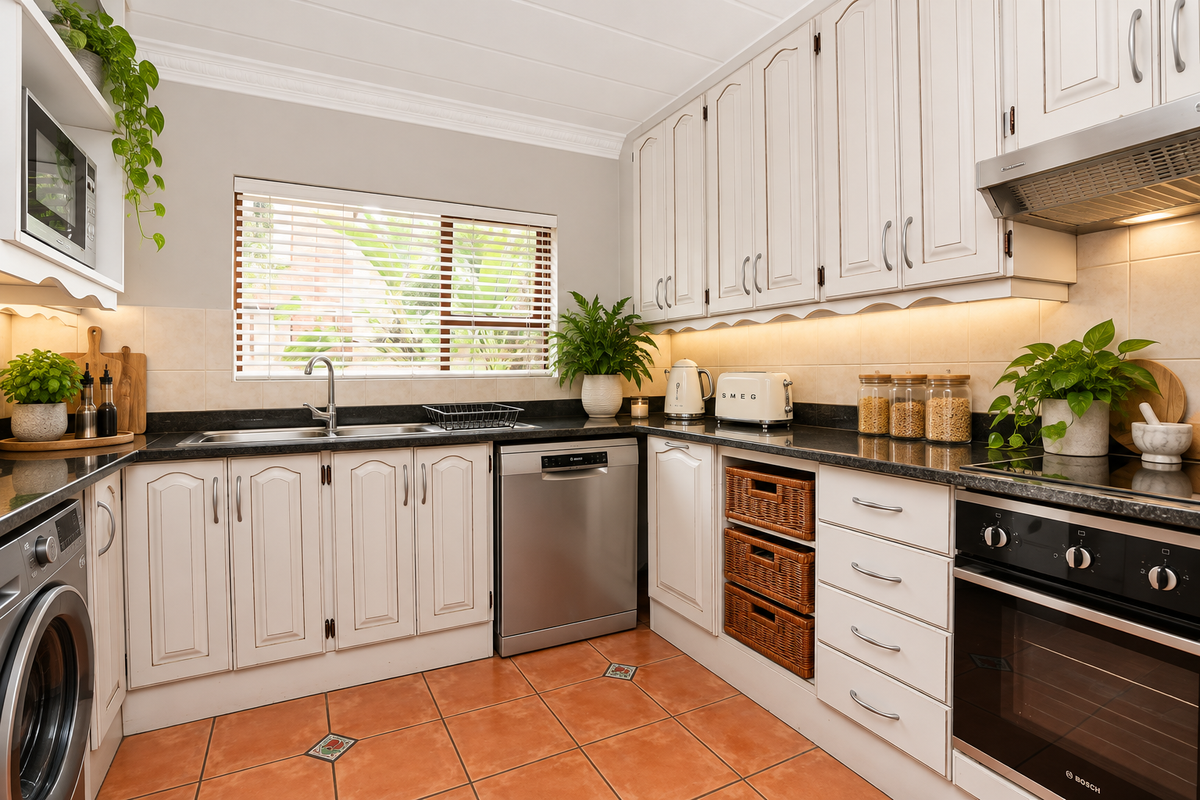 A well-maintained kitchen featuring white cabinetry, granite countertops, integrated appliances, and warm terracotta floor tiles with under-cabinet lighting.