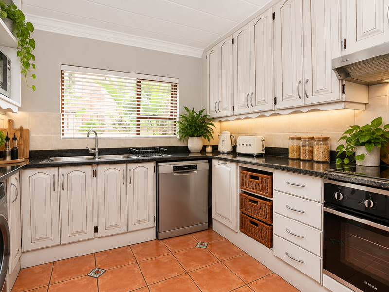 A well-maintained kitchen featuring white cabinetry, granite countertops, integrated appliances, and warm terracotta floor tiles with under-cabinet lighting.
