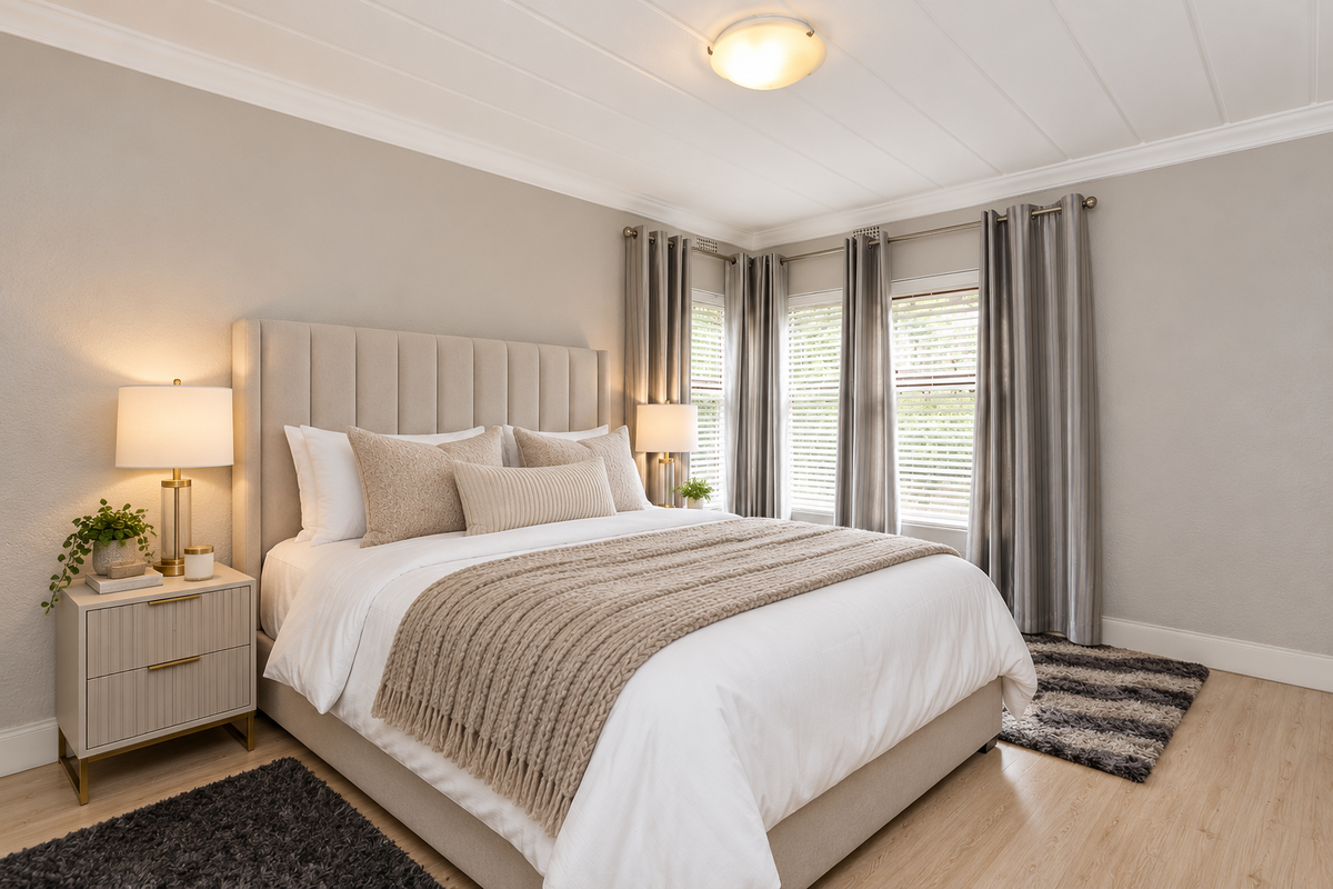 A well-maintained bedroom featuring light-toned plank flooring, crown molding, and large windows with integrated blinds, creating a bright and comfortable living space.