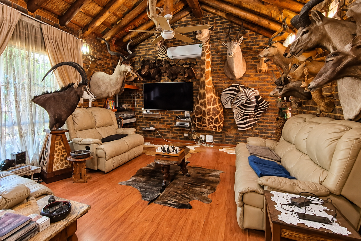Spacious living room featuring exposed brick walls, a high vaulted thatched ceiling with timber beams, laminate flooring, and a split-system air conditioner.