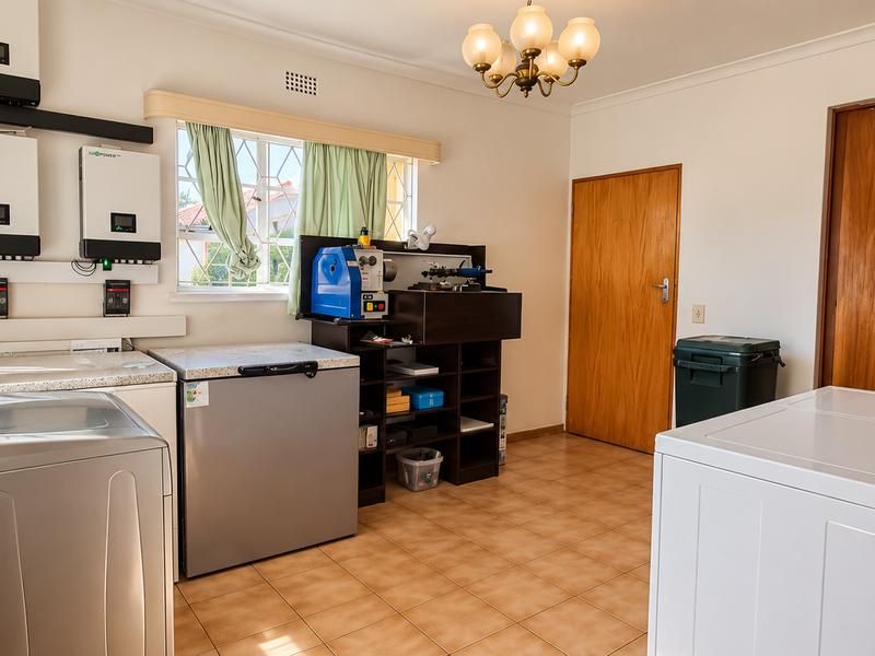 A functional laundry room featuring tiled flooring, built-in storage, and wall-mounted solar inverter systems.