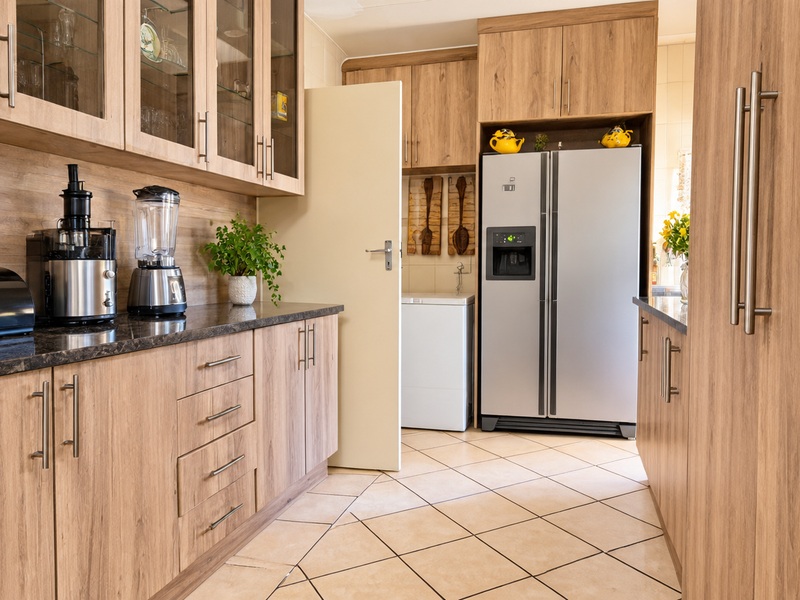A functional kitchen featuring wood-look laminate cabinetry, granite countertops, and tiled flooring, offering ample storage and a clean, well-maintained layout.