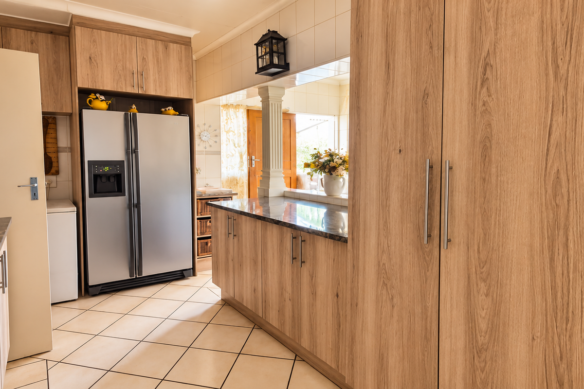 A functional kitchen featuring wood-look laminate cabinetry, stone-effect countertops, tiled flooring, and a convenient pass-through window connecting to the adjacent living space.