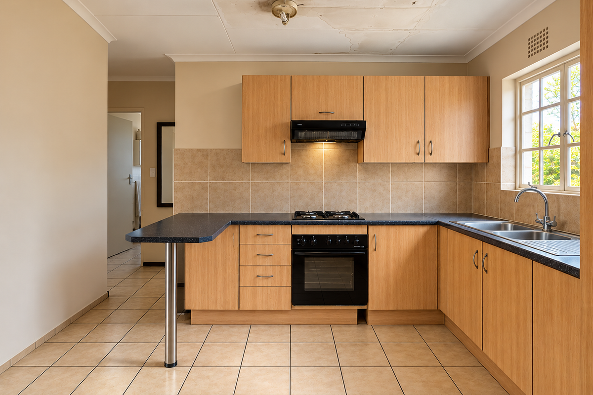 A functional kitchen featuring light wood cabinetry, built-in oven, gas hob, and breakfast bar, requiring ceiling repairs due to visible water damage.