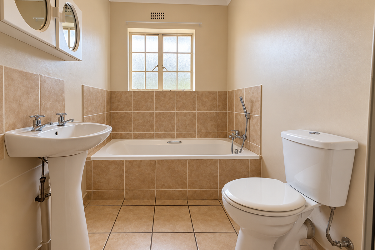 A clean, functional bathroom featuring a pedestal basin, built-in bathtub with tiled surround, and a standard toilet, finished with neutral floor and wall tiles.