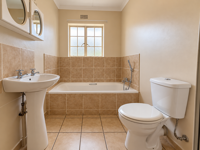 A clean, functional bathroom featuring a pedestal basin, built-in bathtub with tiled surround, and a standard toilet, finished with neutral floor and wall tiles.