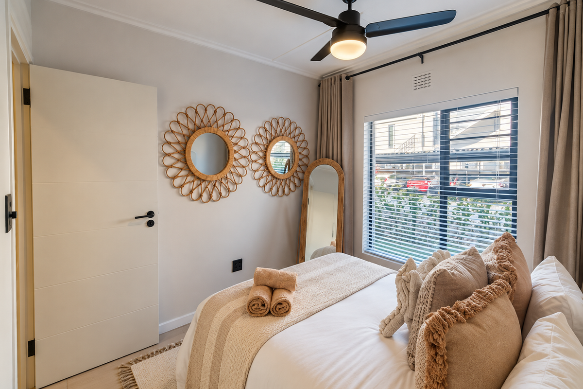 A well-maintained bedroom featuring a ceiling fan, neutral wall finishes, and a window with blinds, providing a bright and comfortable living space.