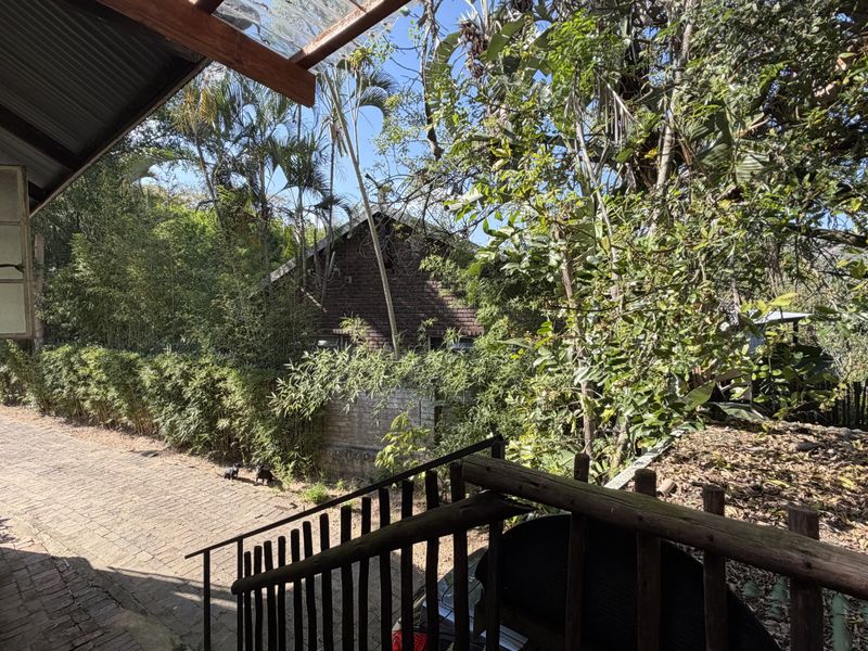 A view of the rear exterior area featuring brick paving, a timber railing, and a covered patio space surrounded by mature trees and garden.