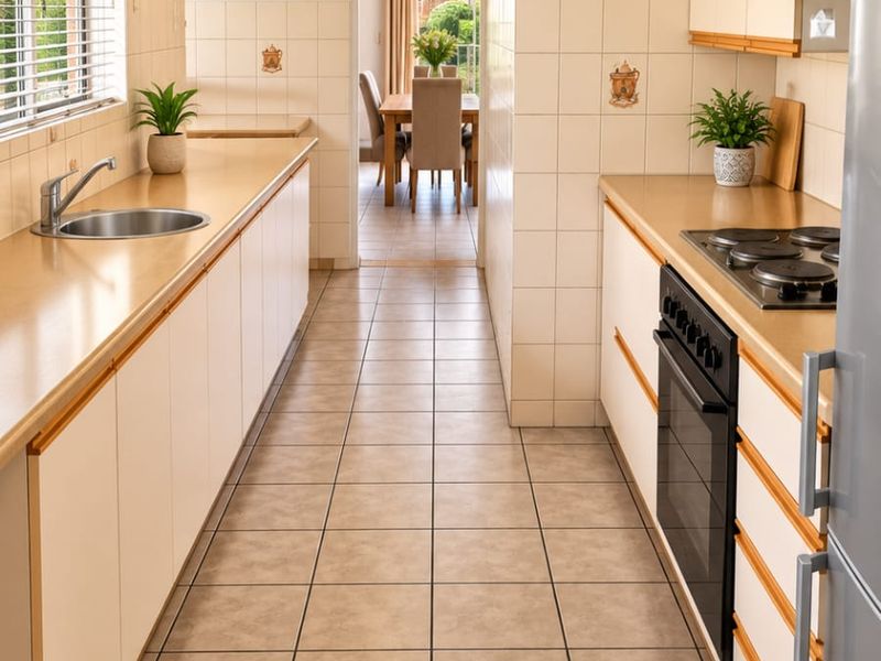 A functional galley-style kitchen featuring tiled flooring, ample cabinetry, built-in oven, hob, and extractor fan, with a view through to the dining area.