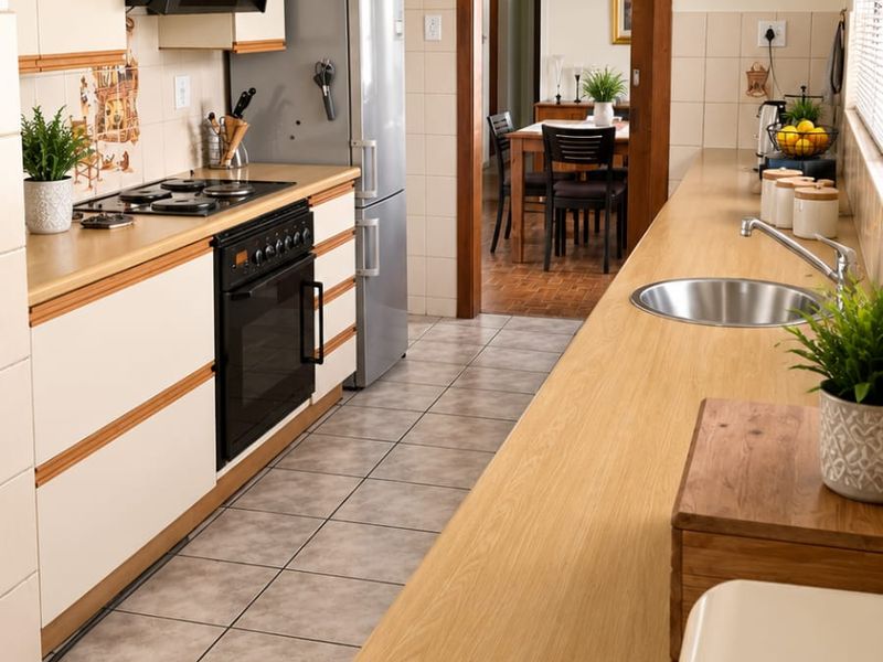 A functional kitchen featuring light-toned cabinetry, laminate countertops, a gas hob, and tiled flooring, offering a practical layout with direct access to the dining area.