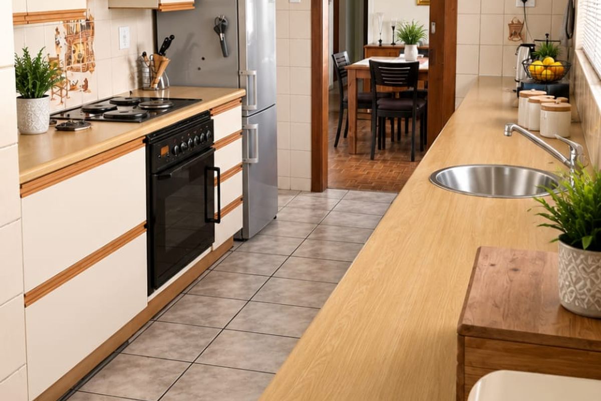 A functional kitchen featuring light-toned cabinetry, laminate countertops, a gas hob, and tiled flooring, offering a practical layout with direct access to the dining area.