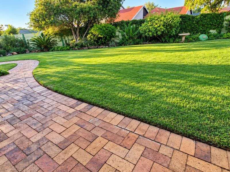 A well-maintained garden featuring a neat brick-paved pathway, lush green lawn, and established perimeter landscaping.