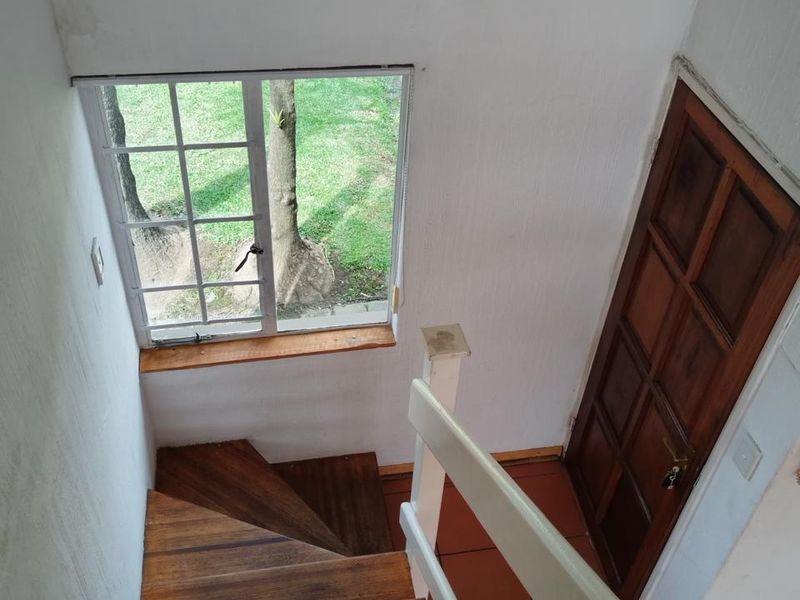 A view looking down a wooden staircase featuring a timber balustrade, tiled landing, and a window overlooking the garden.