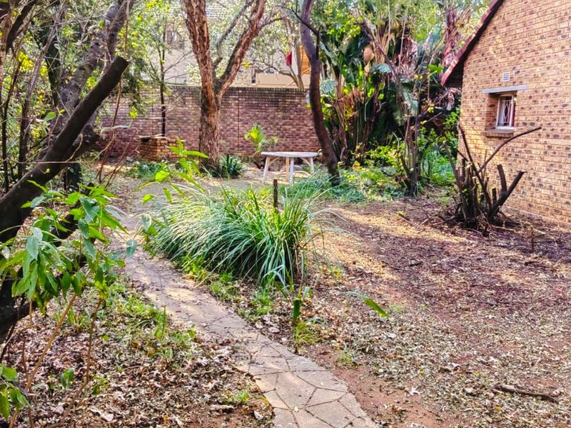 A private rear garden featuring a paved pathway, mature trees, and a brick boundary wall alongside the property's face brick exterior.