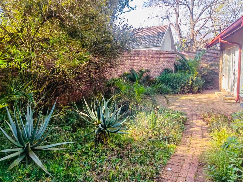 A private rear garden featuring a brick paved pathway, established landscaping, and a high brick boundary wall for added privacy.