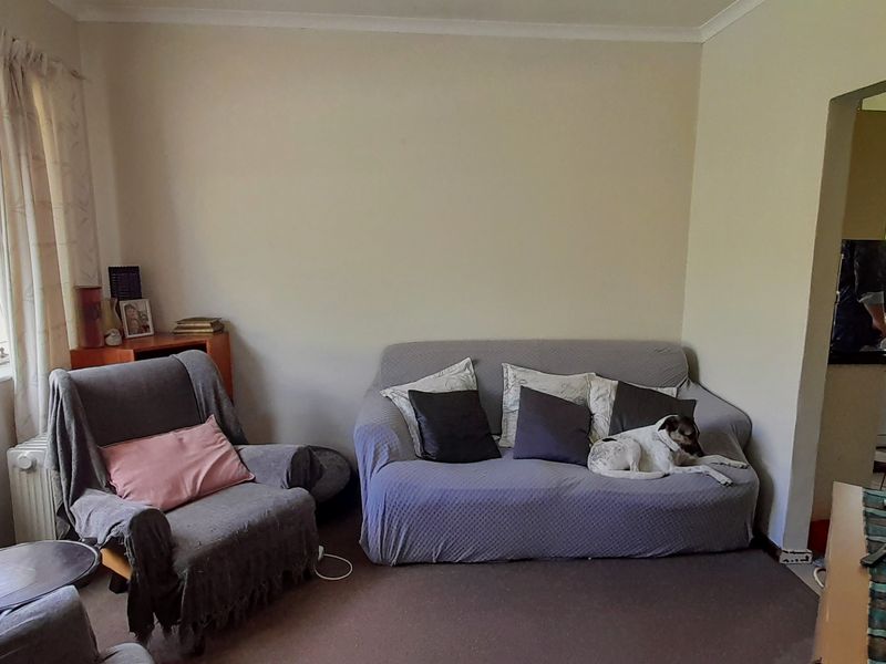 A living room featuring carpet flooring, coving, and an aluminium window frame, with an open-plan transition into the adjacent kitchen area.