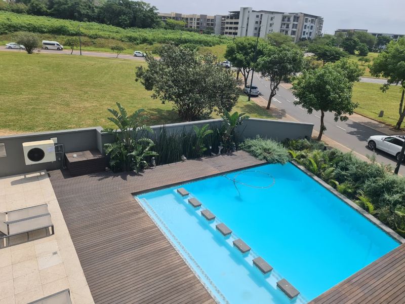 An elevated view of a private swimming pool area featuring timber decking, a boundary wall, and integrated pool steps.