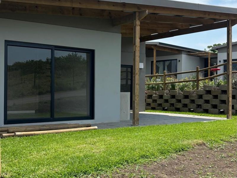 A modern covered patio area featuring a timber pergola, paved flooring, and large sliding glass doors overlooking the garden and retaining wall.