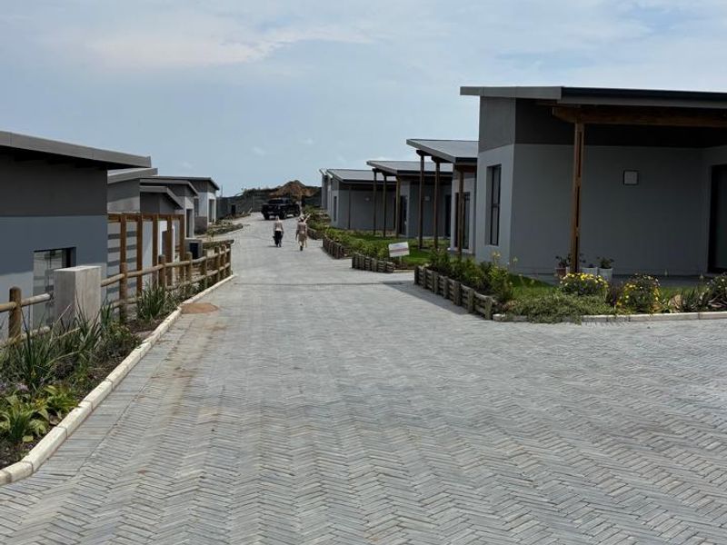 A view of a modern residential estate featuring a herringbone paved driveway flanked by contemporary homes with timber accents and landscaped garden beds.