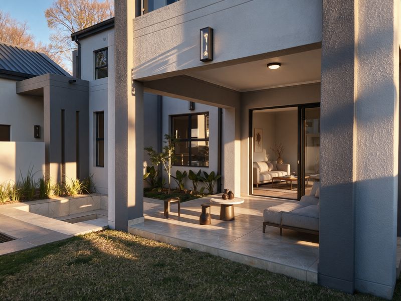 A modern covered patio featuring tiled flooring, recessed lighting, and seamless access to the interior living space through large sliding glass doors.