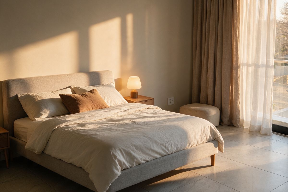 A bright and serene bedroom featuring large sliding glass doors with floor-to-ceiling curtains and modern tiled flooring, bathed in warm natural light.