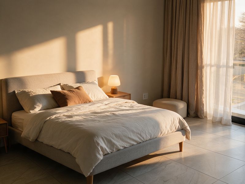 A bright and serene bedroom featuring large sliding glass doors with floor-to-ceiling curtains and modern tiled flooring, bathed in warm natural light.