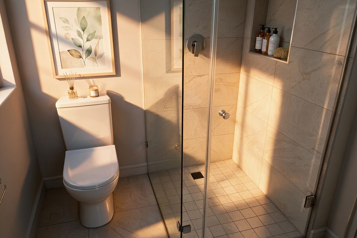 Modern bathroom featuring a glass-enclosed shower with a built-in niche and a contemporary toilet, finished with high-quality neutral floor and wall tiling.