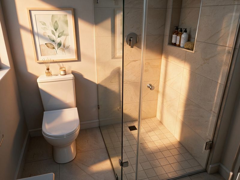 Modern bathroom featuring a glass-enclosed shower with a built-in niche and a contemporary toilet, finished with high-quality neutral floor and wall tiling.
