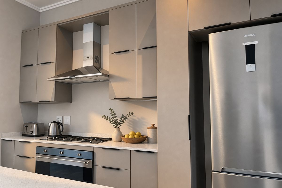 Modern kitchen featuring sleek taupe cabinetry, stone countertops, stainless steel gas hob, built-in oven, and a dedicated space for a large refrigerator.