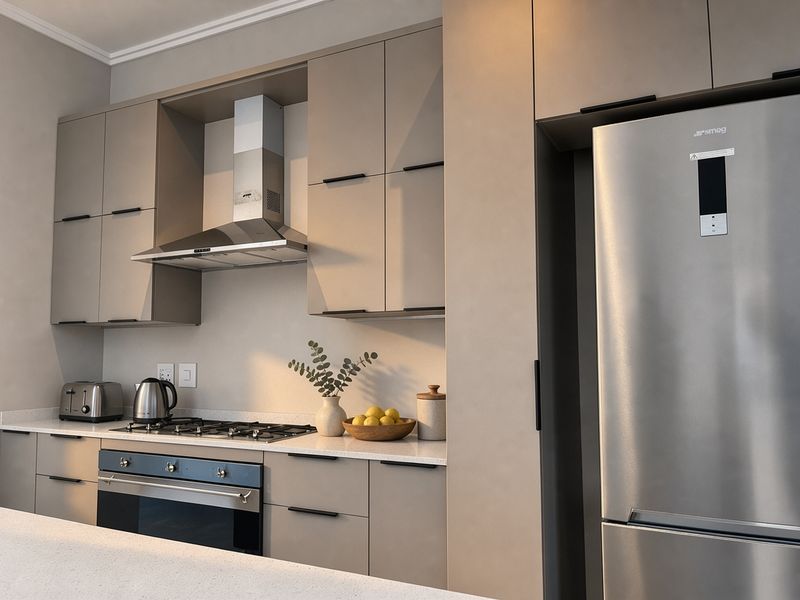 Modern kitchen featuring sleek taupe cabinetry, stone countertops, stainless steel gas hob, built-in oven, and a dedicated space for a large refrigerator.