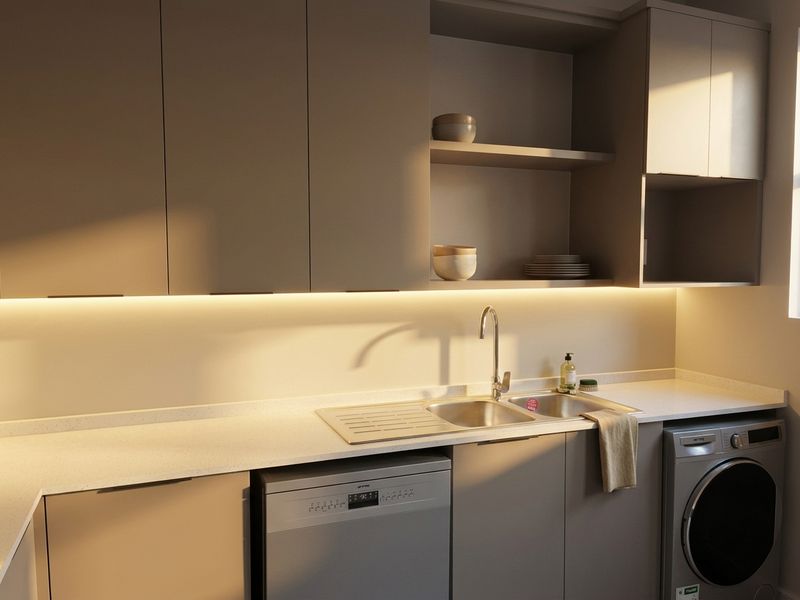Modern kitchen featuring sleek cabinetry, integrated appliances, stone countertops, and ambient under-cabinet lighting for a clean, contemporary aesthetic.