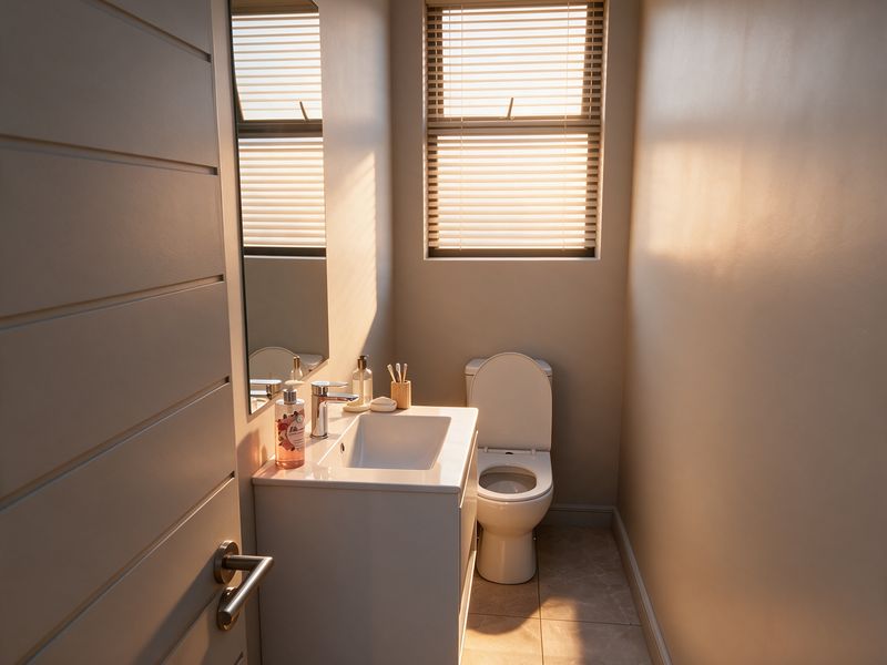 A modern, well-lit guest bathroom featuring a sleek vanity with basin, a toilet, and tiled flooring, complemented by natural light through venetian blinds.