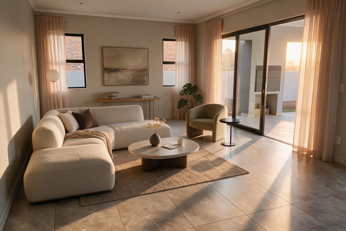 A bright and modern living room featuring large format floor tiles, recessed lighting, and expansive sliding glass doors that open onto a covered patio.