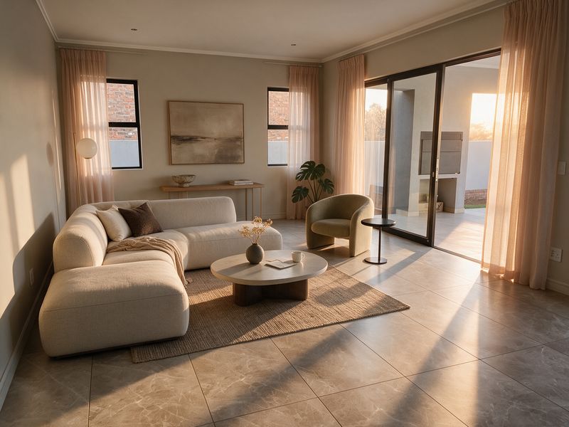 A bright and modern living room featuring large format floor tiles, recessed lighting, and expansive sliding glass doors that open onto a covered patio.