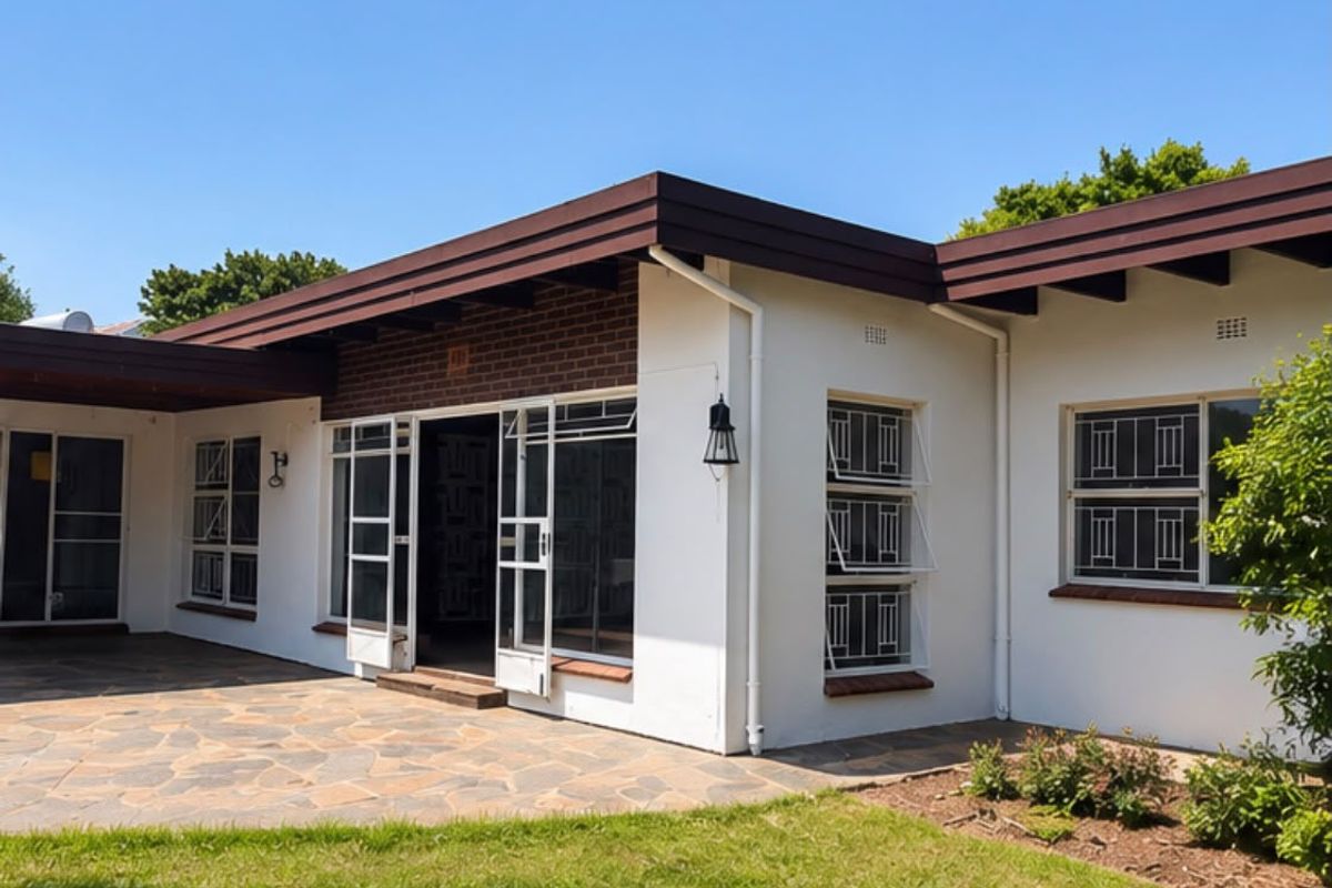 A well-maintained rear exterior view featuring a stone-paved patio, white rendered walls, brick accents, and secure metal-framed windows under a deep roof overhang.