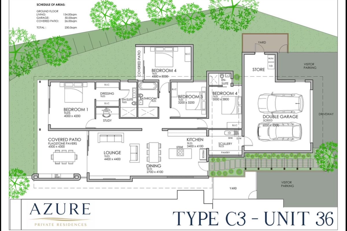 Architectural floor plan for Type C3 Unit 36, detailing the layout of bedrooms, living areas, kitchen, garage, and outdoor spaces.