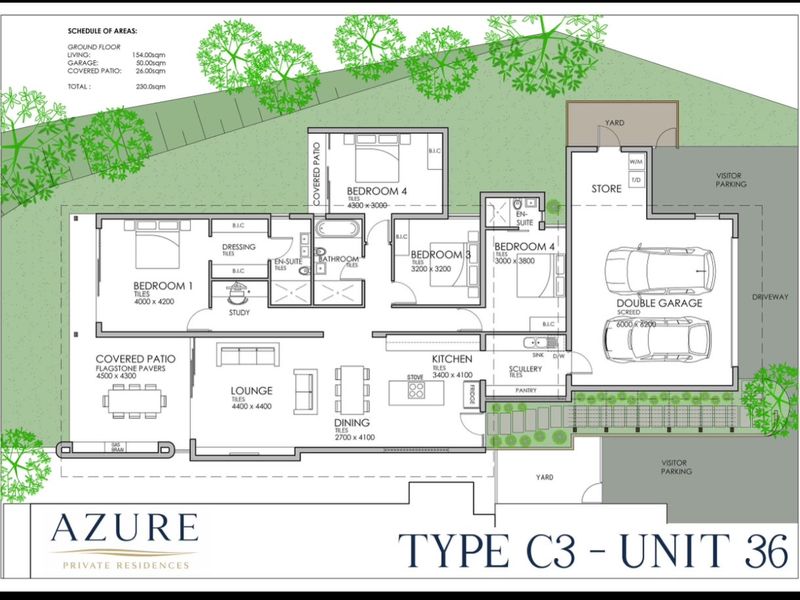 Architectural floor plan for Type C3 Unit 36, detailing the layout of bedrooms, living areas, kitchen, garage, and outdoor spaces.