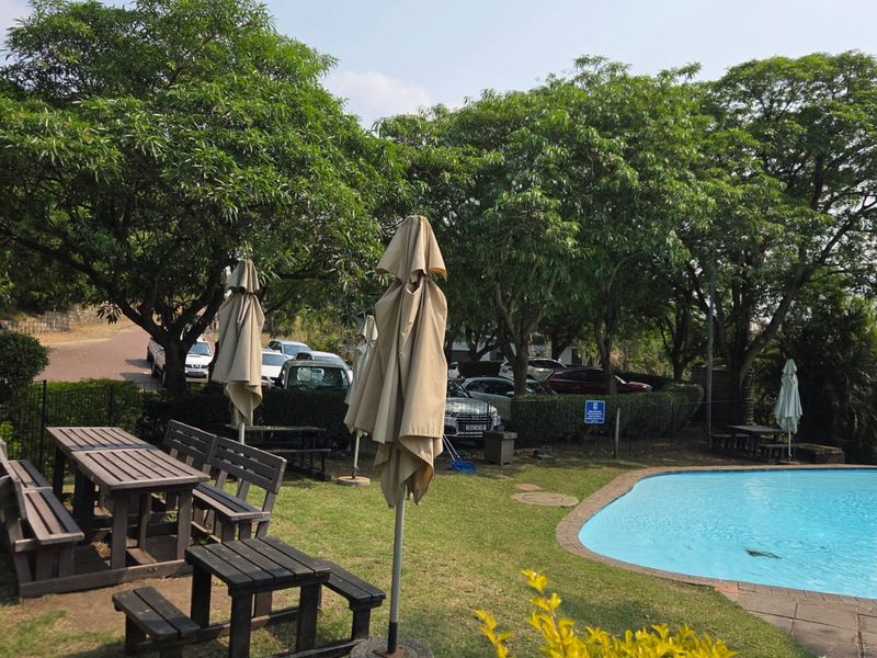 Outdoor pool area featuring a swimming pool, paved surround, and landscaped garden space with mature trees.