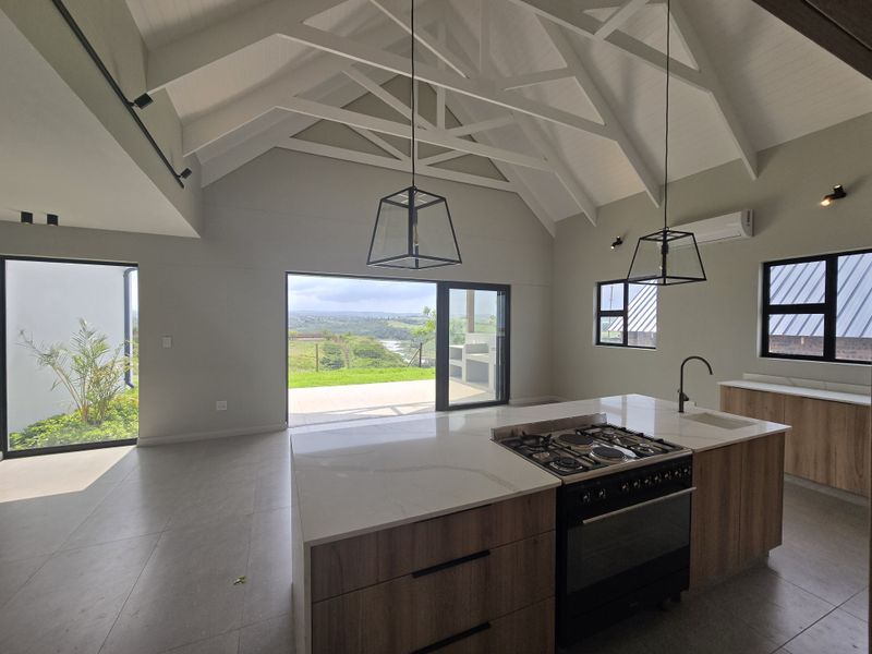 Spacious open-plan kitchen and living area featuring a vaulted ceiling with exposed trusses, modern cabinetry, stone countertops, and seamless access to an outdoor patio.
