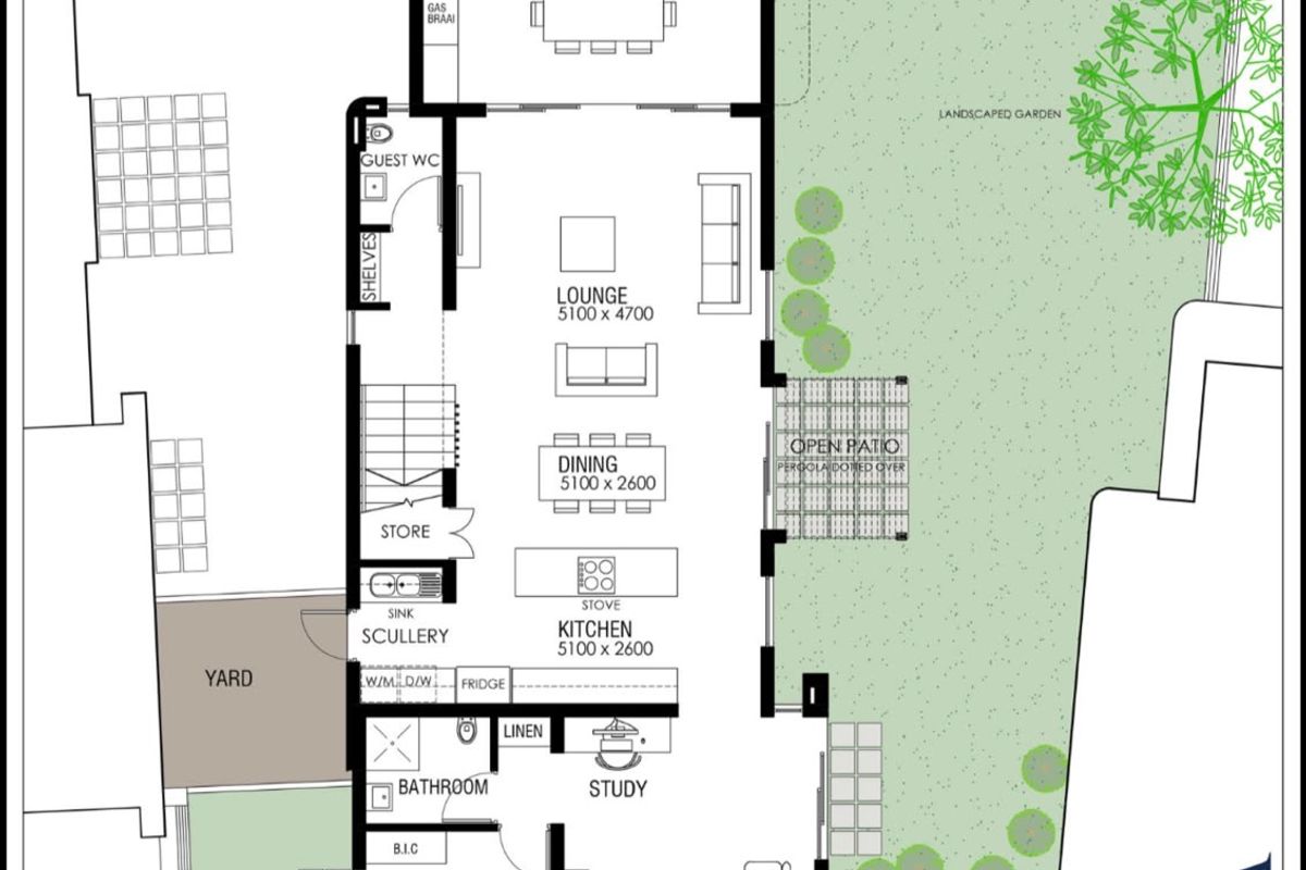 Architectural ground floor plan for a townhouse unit featuring an open-plan living area, kitchen with scullery, four bedrooms, and outdoor patio spaces.