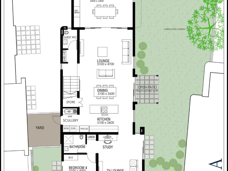 Architectural ground floor plan for a townhouse unit featuring an open-plan living area, kitchen with scullery, four bedrooms, and outdoor patio spaces.