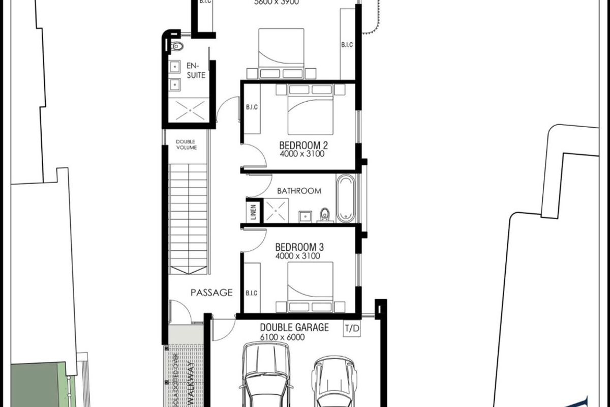 Architectural floor plan for the first floor of a Type A townhouse, featuring three bedrooms, en-suite, family bathroom, and a double garage.