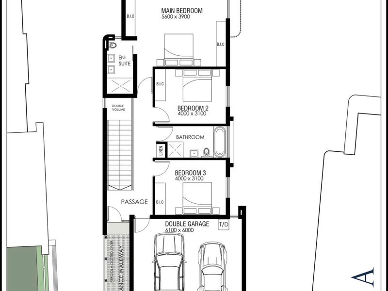 Architectural floor plan for the first floor of a Type A townhouse, featuring three bedrooms, en-suite, family bathroom, and a double garage.