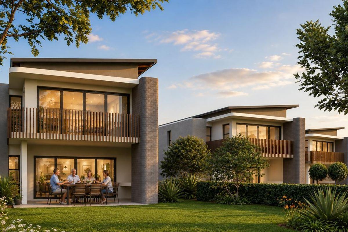 A modern townhouse exterior featuring a covered ground-floor patio, upper-level balcony with timber balustrades, and landscaped rear garden.