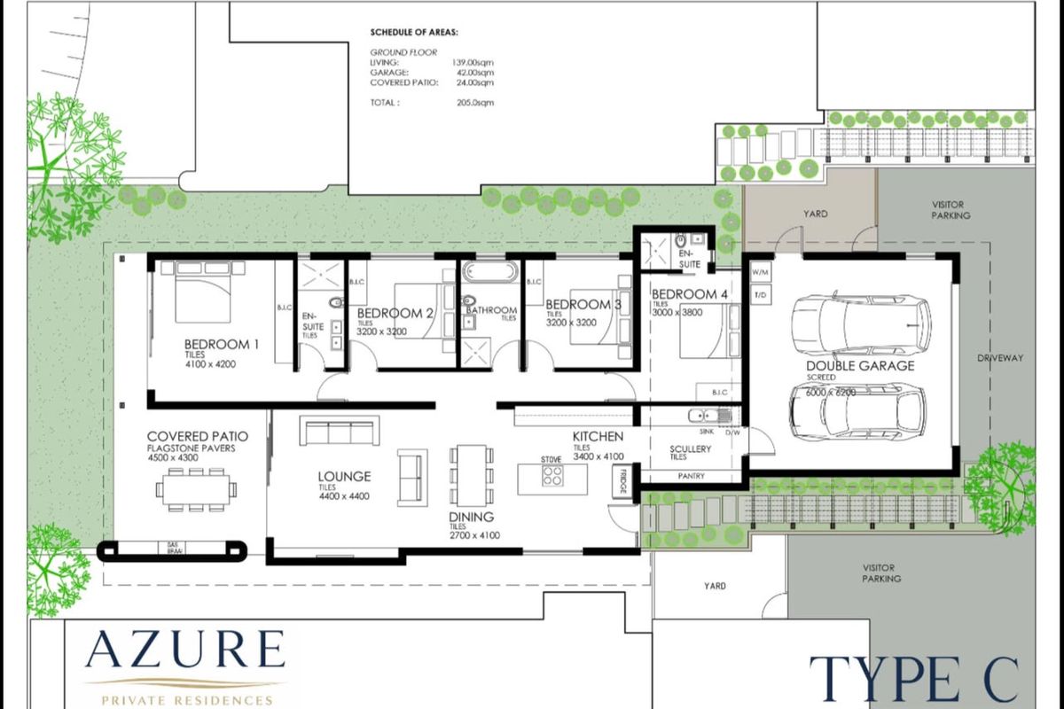 Architectural floor plan for a Type C residence, featuring four bedrooms, open-plan living areas, a double garage, and a covered patio.