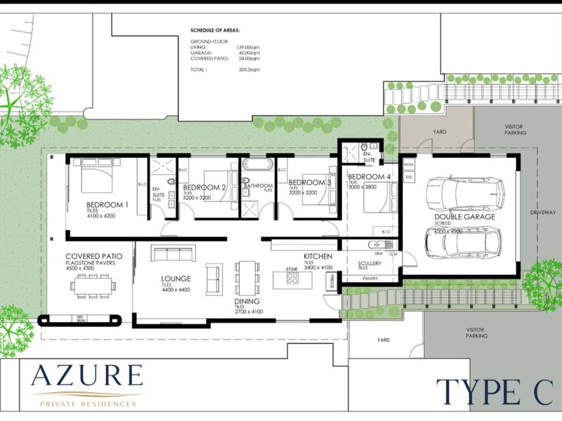 Architectural floor plan for a Type C residence, featuring four bedrooms, open-plan living areas, a double garage, and a covered patio.
